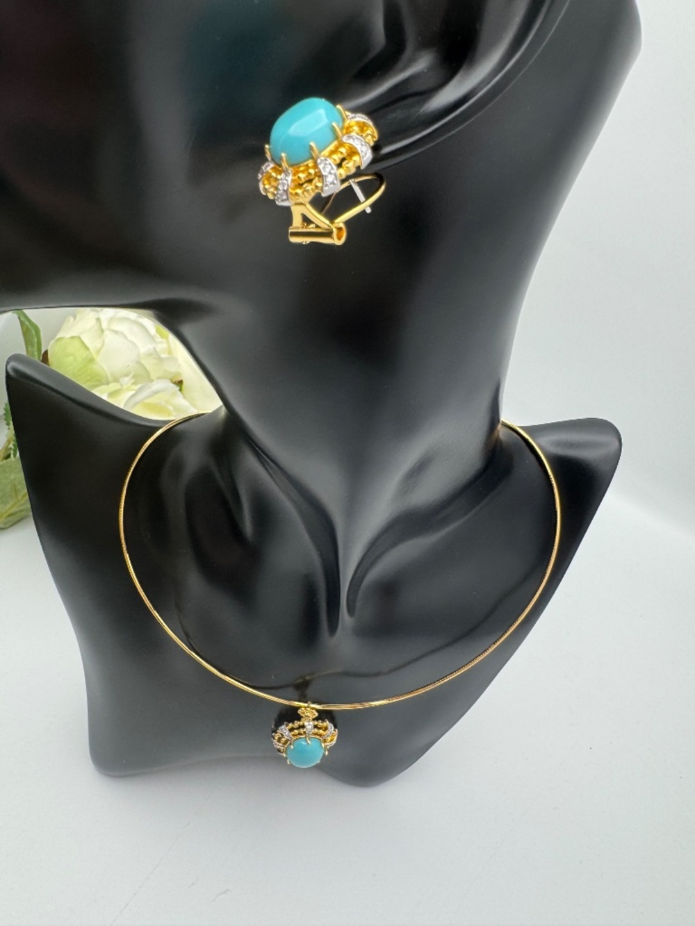 Vintage Hollycraft Faux Turquoise Statement Jewelry Set, Gold Tone Oval Cabochon